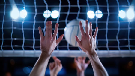 Dynamic volleyball scene capturing athletes reaching for the ball at a bright indoor stadium, showcasing teamwork, skill, and competitive energy in action.の素材