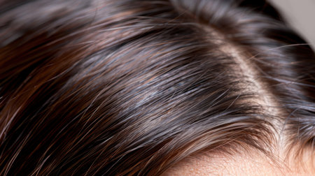 This close-up image captures the subtle beauty of healthy, shiny hair, showcasing its natural texture, rich brown color, and smoothness. Perfect for beauty and hair care themes.の素材