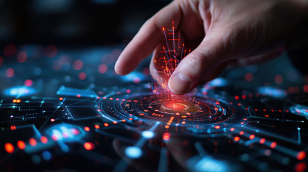 A close-up shot of a hand engaging with a luminous data interface, showcasing the interaction between technology and user experience in a modern context.の素材