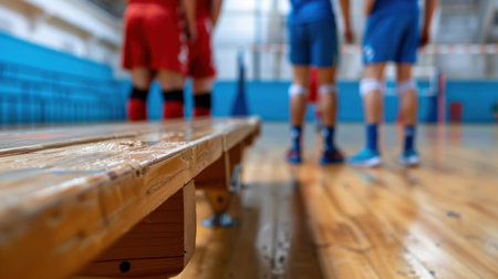 A dynamic scene capturing athletes preparing for a volleyball match on an indoor court. The focus is on a wooden bench with players in vivid athletic wear.の素材