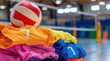Indoor sports setting featuring stacked colorful volleyball jerseys alongside a bright ball, perfect for training sessions or competitive matches.の素材