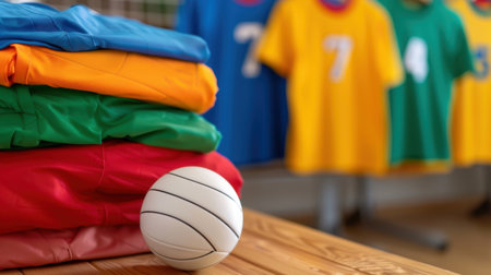 A vibrant collection of colorful training jerseys stacked neatly beside a white volleyball on a wooden table, creating an energetic sports environment suitable for team activities.の素材