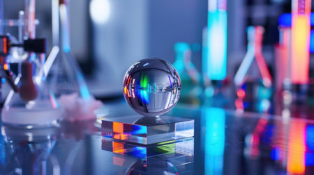 This mesmerizing image showcases a crystal sphere reflecting a vibrant laboratory filled with colorful test tubes and flasks. The vivid illumination creates an enchanting atmosphere, perfect for science-themed projects.の素材