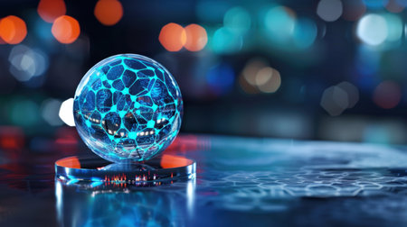 This stunning image features an abstract crystal globe with intricate blue patterns, set against a backdrop of vibrant bokeh lights. Perfect for modern themes.の素材