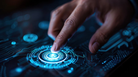 A close-up of a human hand interacting with a glowing digital interface, showcasing cutting-edge technology and the future of user experience in innovation.の素材