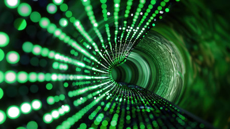 Captivating image of a swirling green light tunnel filled with sparkling particles that create a sense of depth and dynamic motion, evoking futuristic themes.の素材