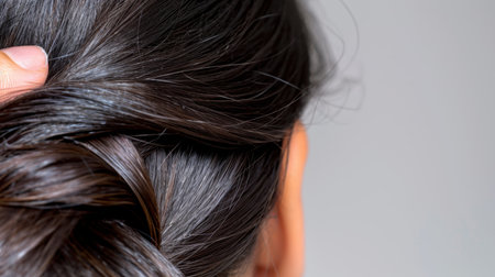 This close-up image captures the art of hair braiding, highlighting smooth and shiny dark brown hair. Perfect for beauty and hair care themes.の素材