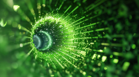 This captivating image features an abstract green spiral tunnel illuminated by light particles, creating a dynamic and futuristic digital environment, perfect for visual storytelling.の素材