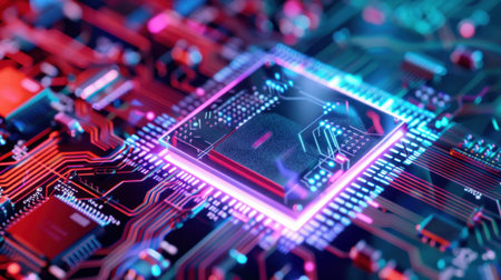 Explore a vibrant and futuristic close-up of a complex circuit board featuring illuminated microchips and electronic components in a high-tech environment.の素材