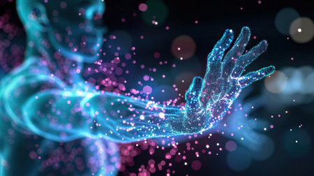An eye-catching digital representation of a human hand extended outward, surrounded by bright particles and neon lights, encapsulating the essence of futuristic technology and human connection.の素材