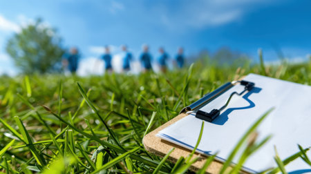A close-up image capturing a clipboard resting on lush green grass with a group of people blurred in the background enjoying an outdoor activity under a bright blue sky.の素材