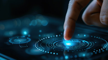 A close-up of a hand interacting with a modern touchscreen interface, displaying dynamic digital graphics in a captivating low-light setting.の素材