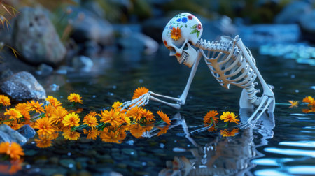 A whimsical scene featuring a colorful skeleton thoughtfully arranging orange flowers in a tranquil water setting, blending artistry with nature.の素材