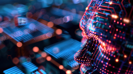 A captivating representation of artificial intelligence featuring a head design with intricate circuit patterns glowing in neon lights, set in a vibrant digital landscape.の素材