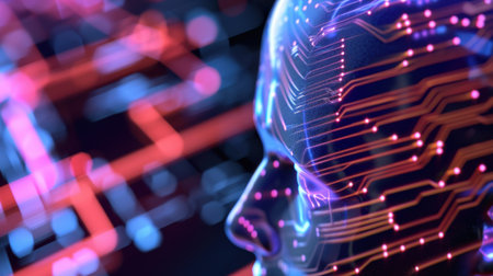 This striking image showcases a futuristic human head overlaid with intricate circuit patterns and vibrant neon colors, capturing the essence of advanced technology and artificial intelligence.の素材