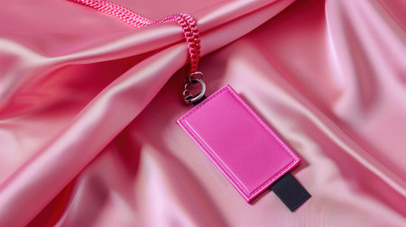 A bright pink mobile phone strap rests elegantly on soft pink satin fabric. This image highlights the accessory's stylish design and vibrant color, perfect for trendy displays.の素材