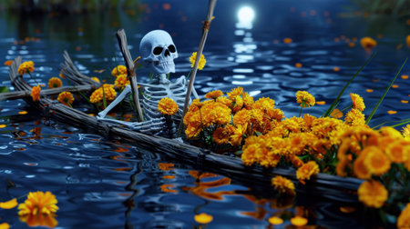 A captivating scene featuring a skeleton rowing a boat filled with bright flowers on a still body of water at night, creating an enchanting atmosphere.の素材
