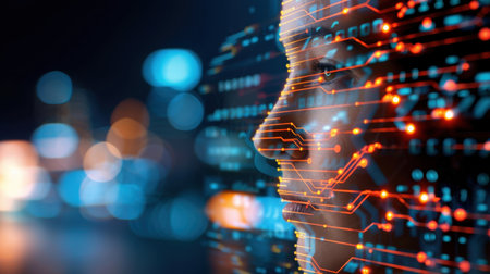 This striking image features a woman's profile illuminated by vibrant circuit patterns and neon lights, symbolizing the fusion of technology and human emotion.の素材