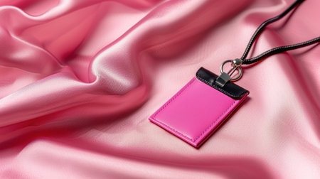 This photo showcases an elegant pink leather pendant resting on soft pink satin fabric, perfect for fashion and accessory themes. The vibrant colors and smooth textures enhance the artistic appeal.の素材