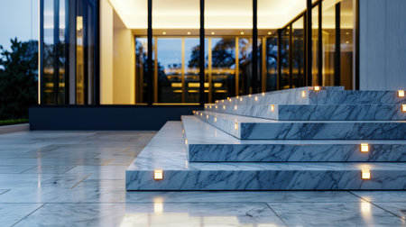 A stunning view of marble steps illuminated by ambient lights, leading to a modern glass building at twilight, showcasing elegance and sophistication.の素材