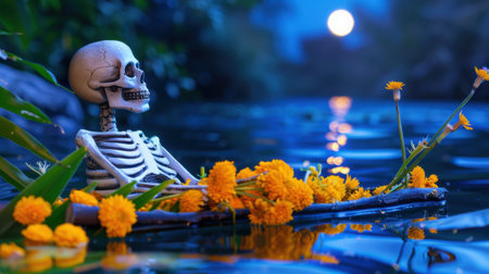 A whimsical skeleton is peacefully floating on water, adorned with vibrant flowers, creating a serene atmosphere under the soft glow of moonlight.の素材