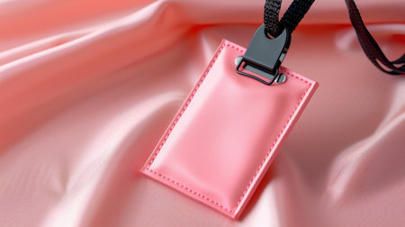 A close-up of a pink lanyard tag placed on a soft, smooth fabric surface, showcasing a chic design that emphasizes simplicity and style.の素材