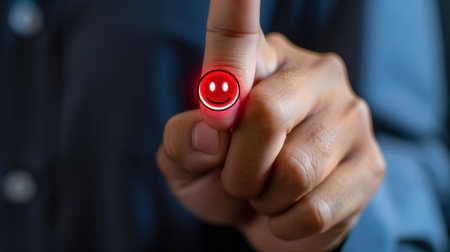 A close-up of a hand pointing upwards with a digital smiley face on the fingertip, symbolizing positivity and creative communication in a professional setting.の素材