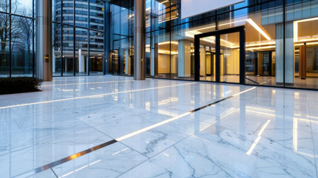 This stunning image showcases a modern lobby featuring an elegant marble floor and expansive glass walls, creating a serene and inviting atmosphere.の素材