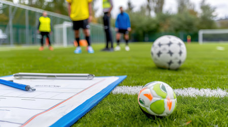 This dynamic image captures a close-up view of soccer equipment on a training field, with players in the background discussing strategies. The grass is vibrant and the scene highlights the excitement of sports practice.の素材