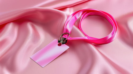 A vibrant pink lanyard featuring a blank tag rests on a soft satin fabric. Ideal for events, this scene conveys elegance and simplicity, perfect for identification uses.の素材
