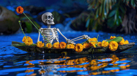 A whimsical scene featuring a skeleton lounging on a flower-adorned boat amidst tranquil blue waters, capturing themes of relaxation, nature, and creativity.の素材