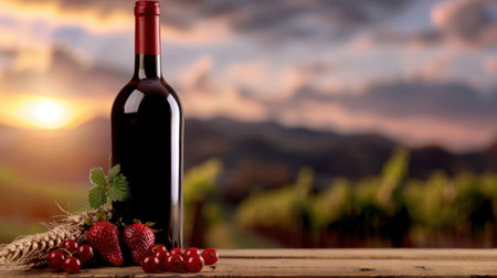 A stunning red wine bottle rests on a rustic wooden table surrounded by fresh strawberries and grapes, with a beautiful vineyard sunset view.の素材