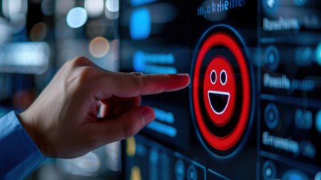 A close-up image of a hand pointing at a vibrant digital display featuring a smiley face icon, symbolizing user engagement and emotional feedback on a tech interface.の素材