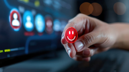 A hand holds a vibrant red button featuring a cheerful smiley face, symbolizing positive feedback and user engagement in a digital environment.の素材