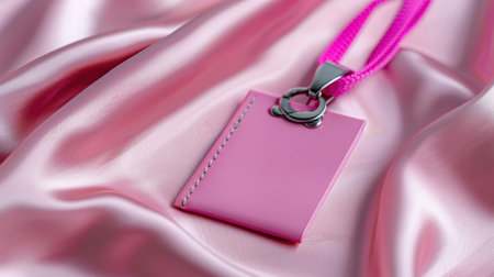 A vibrant pink accessory elegantly rests on soft satin fabric, showcasing its stylish charm and glossy surface. Perfect for fashion and design enthusiasts.の素材