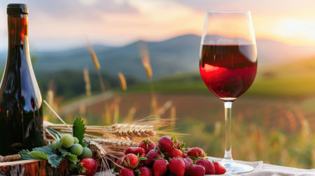 Experience the essence of relaxation with a glass of red wine, ripe strawberries, and a breathtaking sunset over a picturesque landscape, perfect for gatherings.の素材