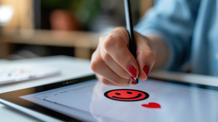 A close shot of a creative artist using a stylus to draw a smiley face and heart on a digital tablet, showcasing vibrant colors and a cozy workspace.の素材