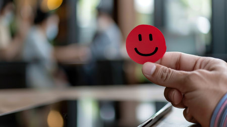 A close-up of a hand holding a red smile sticker in a trendy coffee shop. In the background, people engage in lively conversation, adding to the cheerful ambiance.の素材