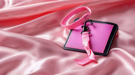 This image features an elegant pink leather tag adorned with a stylish ribbon, elegantly placed on a soft pink satin fabric background, perfect for lifestyle branding.の素材