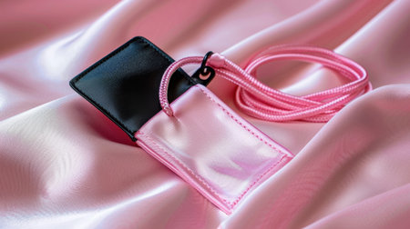 This image features an elegant pink and black lanyard on soft satin fabric, perfect for showcasing a blend of style and functionality in fashion accessories.の素材