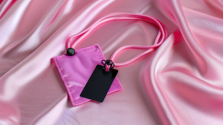 A vibrant pink fabric tag with a black label is showcased against a silky pink textile background, perfect for branding and fashion displays.の素材