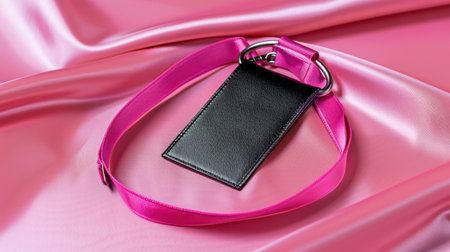 This image showcases a stylish black tag belt paired with a vibrant pink satin backdrop, highlighting modern artistry and elegant fashion trends.の素材