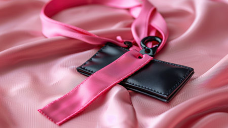A stylish black lanyard with a pink ribbon and an empty ID holder rests on soft pink fabric, perfect for professional events or presentations.の素材