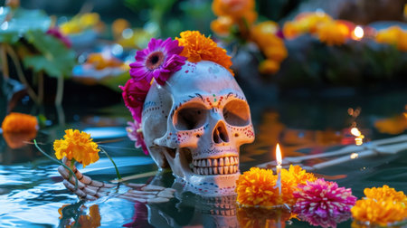 A beautifully decorated skull adorned with colorful flowers and candles floats in calm water, symbolizing cultural celebration and remembrance.の素材