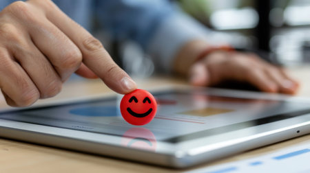 A close-up view of a hand placing a smiling red emoji on a tablet screen, showcasing interaction with technology and vibrant data visualization elements.の素材