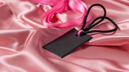 Capture the essence of elegance with this black tag adorned with a pink ribbon, resting on soft pink satin fabric, perfect for branding and style.の素材