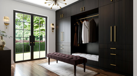A beautifully designed modern closet featuring dark wooden cabinetry, an elegant bench, and abundant natural light, creating a stylish and organized space.の素材