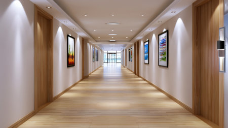A sleek modern corridor featuring artistic wall frames, showcasing vibrant visuals that guide the eye towards bright windows, evoking tranquility.の素材