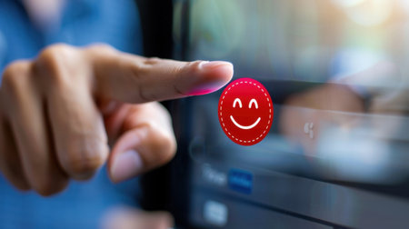A close-up image of a human finger gently touching a digital smiley icon on a screen, symbolizing positive emotions and interaction in technology.の素材