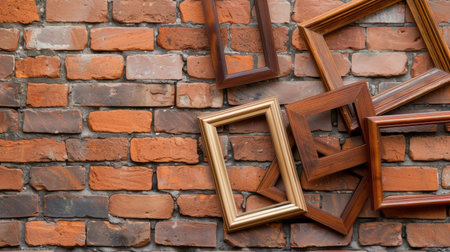 A collection of vintage wooden frames arranged against a rustic brick wall, providing a captivating backdrop for artistic displays and home decor ideas.の素材